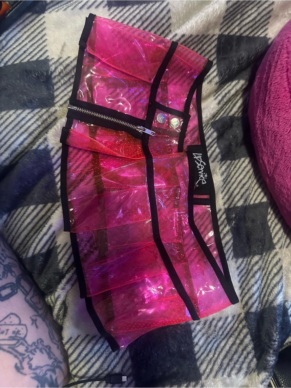 Lip Service Iridescent Pink Layered Mini Skirt with Black Trim PVC - Picture 2 of 3
